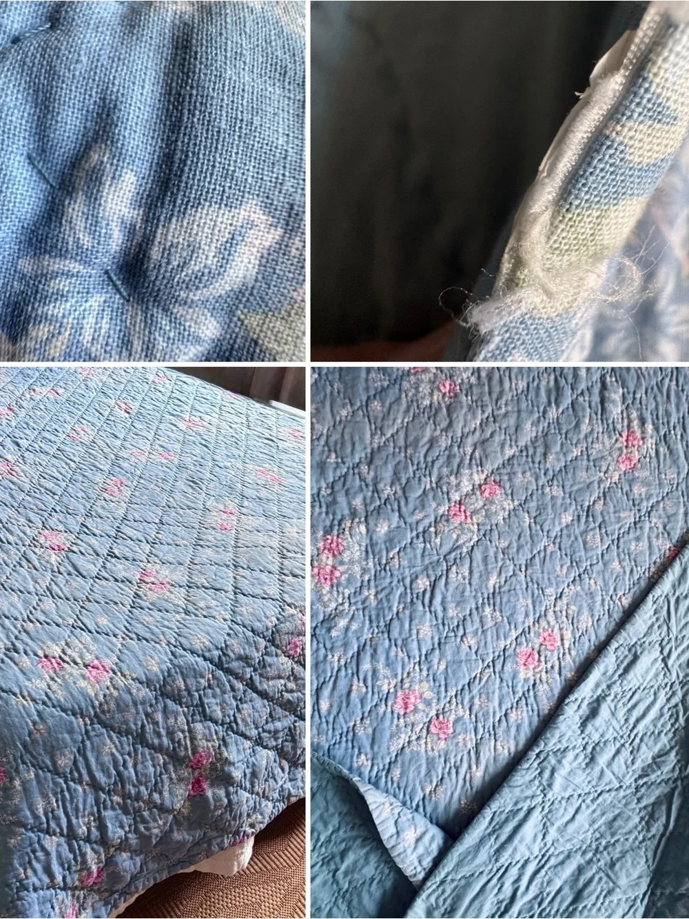Vintage Reversible Blue Floral Quilt Coverlet 88 x 88